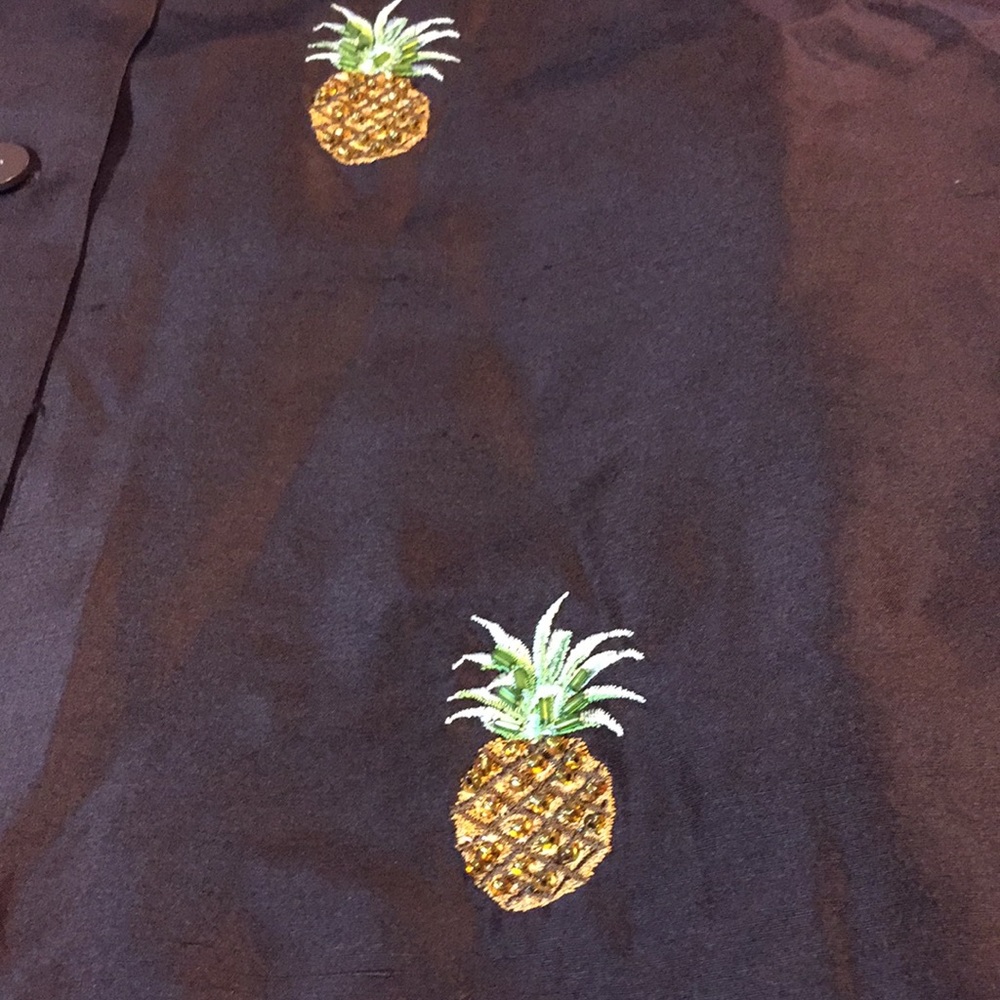 Silkland Brown Silk Top with Embroidered Beaded Pineapples Size 10 - Picture 5 of 15